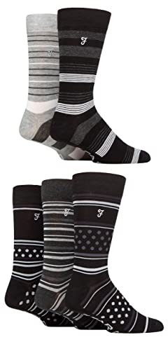 Farah Mens Bamboo Socks, Plain, Patterned, Striped, Argyle, Spotty Designs, Bright Colours, Gift for Him, Pack of 5 - Stripe and Dots Black/Charcoal 6-11