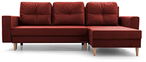 Ecksofa mit Schlaffunktion und Bettkasten Ottomane Links als auch rechts montierbar Couch für Wohnzimmer, Schlafsofa Gästebett Sofa Eckcouch L-Form 232x142x90 cm Carl (Bordeaux)