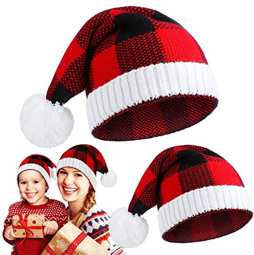 2 Stück Weihnachtsmütze für Eltern, Kinder, Weihnachten, Strickmütze, warme Beanie-Mütze, Wintermütze, Mütze, passende Weihnachtsmannmütze mit Bommel, für Erwachsene und Babys, Rot, Schwarz, Weiß