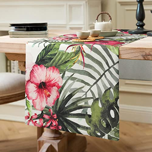 Chemin de Table en Lin Chemin Table Feuilles de Palmier Tropical Monstera Fleurs Roses Modernes Décoration de Table à Manger à la Maison Nappe Cuisine Chemin de Table pour Pique-Nique Fête 40x140cm