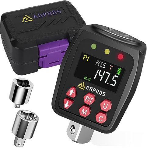 ANPUDS 1/2 Digital Torque Adapter, 7.4-147.5 Ft-lb/10-200 Nm, Digital Torque Wrench Converter with ±1% Accuracy, Preset Value, Data Storage, Buzzer & LED Indicators, 3/8'' & 1/4'' Adapters for Car