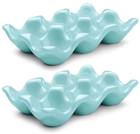 Flexzion Eierkiste aus Porzellan, 6 Eier, Eierablage aus Keramik, halbes Dutzend Eierhalter für Kühlschrank, Arbeitsplatte, blaue dekorative Servierschale und Aufbewahrungs-Organizer, 2 Stück
