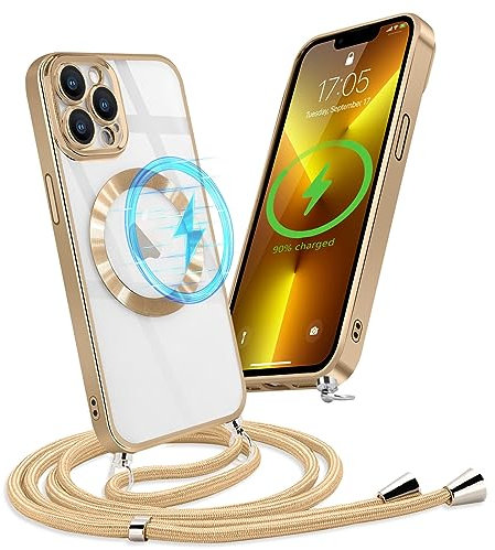 Micoden Handykette Hülle für iPhone 13 Pro mit Band Kompatibel mit MagSafe Kabellosem Laden Kameraschutz Vollständiger Transparent Silikon Case Kordel zum Umhängen Handyhülle Schutzhülle,Gold