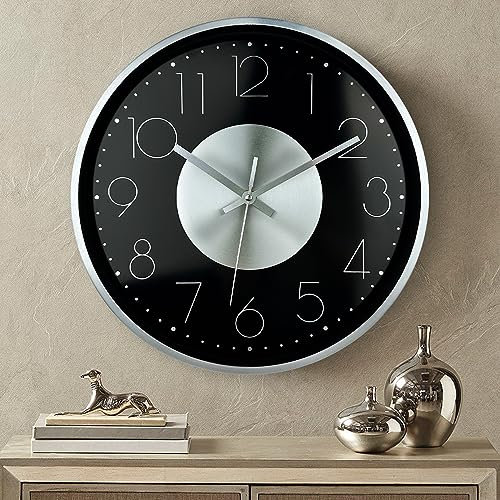 October Elf Modern Wall Clock Silent Non-TickingSimple Style Large Number Display Analog Round Metal Wall Clocks Decorative for Office Bedroom Kitchen Living Room Home Decor 30cm(Black numerals)