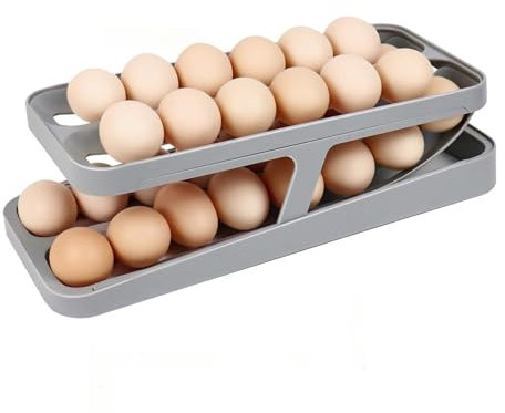 Eierhalter für Kühlschrank, 2 Etagen Rollender Eier Aufbewahrung Kühlschrank, Rutschfeste Unterseite Kühlschrank Organizer Eier (2 Etage, Grau)