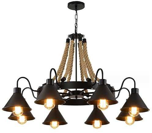 Wylolik Industrielle Hängeleuchte mit Wagenrad, schwarze Deckenleuchte, 8 Lichter, Kronleuchter für Schlafzimmerbeleuchtung mit schwarzem Eisenschirm, 91,9 cm Hanfseil-Pendelleuchten für Kücheninsel-L