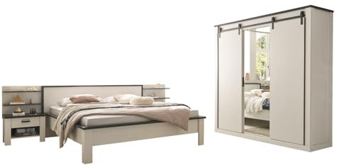Schlafzimmer Set in weiß Pinie und grau/anthrazit mit Bett 180cm, Kleiderschrank, 2X Nachttisch, 2X Wandpaneel und Kommode Schlafzimmermöbel Industrial Design komplett 7-teilig Stove(Set 3)