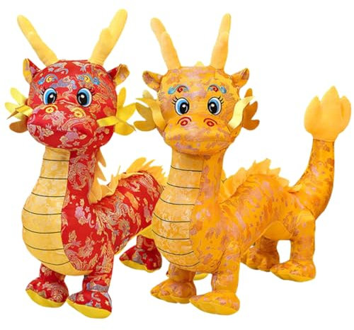Porgeel Dragon Chinois Peluche 11inch Traditionnel brodé PP Coton Coton en Peluche Jouet câlin avec Corde Suspendue Mignon décoration du Nouvel an Chinois Festif