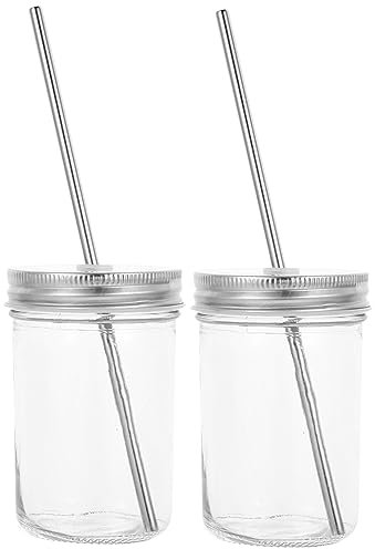 Cabilock 2juegos Tarros Tapa y Pajita Vasos para Jugo de Vidrio Jarra para Beber con Pajita y Tapa Multiusos para Picnic