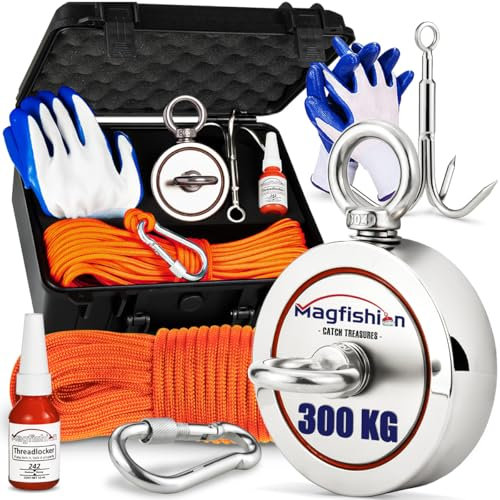 MAGFISHION Magnet Fishing Kit - 300 KG (2 x 150kg) - Ø60mm - Super Strong Neodymium Magnet with Rope (20M), Carabiner, Gloves, Threadlocker - Magnetic Fishing Magnets