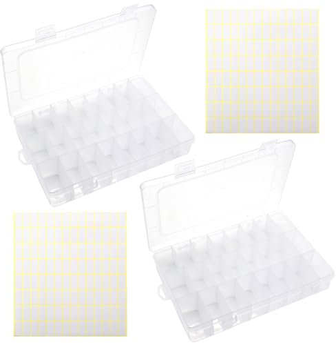 Aoyswuz 2 Stück Box mit 24 Fächern 19 * 12.5 * 3.5 cm PP Einstellbare Sortimentsbox, Perlen Aufbewahrungsbox für Schmuck Ohrring Kleinteile(mit 2 Etikett)