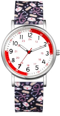 JewelryWe Uhren Damen Silikon Schwesternuhr: 30M Wasserdicht Analog Quarz Armbanduhr Frauen Medizinische Muster Schwarz Gummi Armband Uhr mit Pulsberechnung für Krankenschwester Ärzte Sanitäter