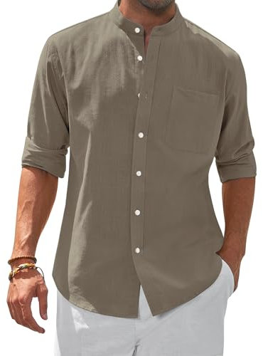 siliteelon Men's Linen Cotton Shirts Long Sleeve Brown Regular Fit Casual Summer Beach Shirts with Pocket,L