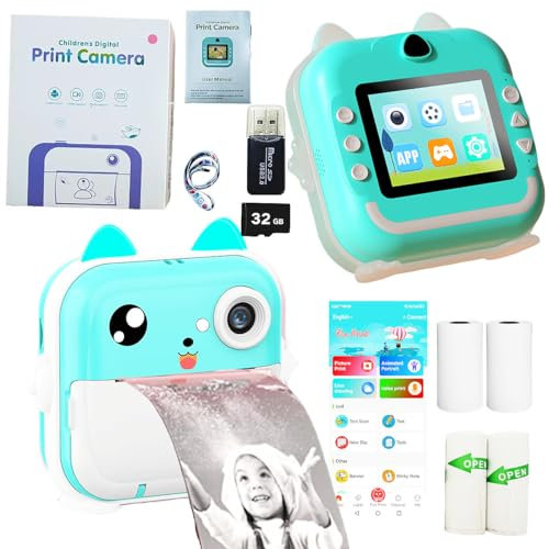 Ynottek Fotocamera ricaricabile per bambini, stampa istantanea, mini fotocamera per stampa fotografica per bambini, fotocamera digitale 1080P, schermo LCD da 2,4 pollici, scheda SD 32G, ad alta