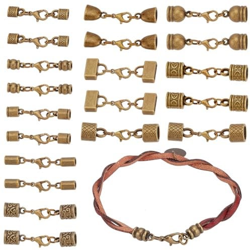 PH PandaHall 10 Styles Tibetan End Caps 20 Sets Leather Cord End Caps Alloy Tube Barrel End Tip with Lobster Clasp Rope End Caps with Ring Connector for Necklaces Bracelet Jewelry Making