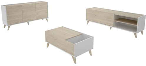 PEGANE Ensemble de Salon en Bois mélaminé avec Meuble Bas TV + Buffet + Table Basse relevable Coloris chêne Naturel, Blanc