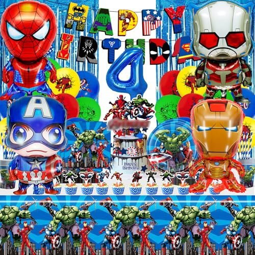 103 Stück Superheld 4 jahre Partygeschirr Geburtstagsdeko Set, Superheld 4 jahre Deko Geburtstag Kinder, Superheld Party Dekoration Supplies Geschirr Teller, Tischdecke, Servietten, Pull Flag