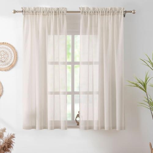 Treatmentex Durchsichtige Leinen-Vorhänge für Wohnzimmer, Schlafzimmer, rustikale Flachsstruktur, Fenstervorhänge für Vintage-Bauernhaus-Dekoration, Stangentasche, 132 x 160 cm, 2 Stück, Natur/Taupe