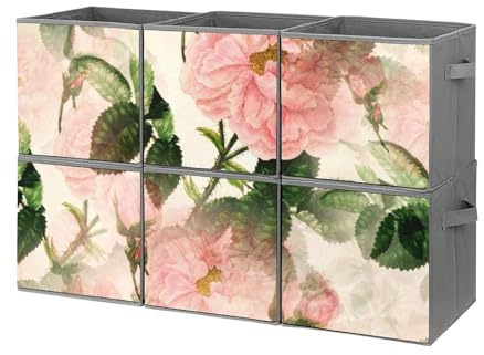 Surwin Faltbarer Aufbewahrungsbox 6er Set, Blumenmuster Ordnungsboxen aus Oxford-Stoff mit Griff für Würfelrega/Regale/Kleiderschrank, Kinderzimmer Faltbox, 27 x 27 x 27 cm (Rosa Rose)