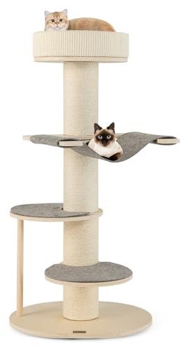 COSTWAY 120cm Kratzbaum Holz, Katzenbaum mit Hängematte & 3 Plattformen & Sisal-Teppich & Kratzsäule, Katzenkratzbaum klein, Katzen Katzenmöbel, Kletterbaum Aktivitätsbaum Spielbaum, Grau+Natur