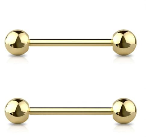 Jewel Barrel 2pcs Tongue Piercing Bars Straight Barbell Jewellery Nipple Bar Ring 14G (1.6mm) 12mm 14mm 16mm Length, 4/5/6mm Balls, Surgical Steel Pair (Gold, 16)