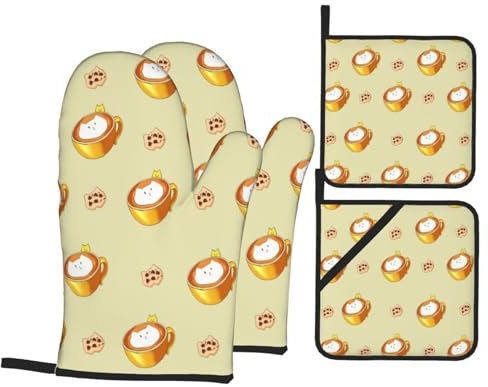 Set di 4 guanti da forno e presine di alta qualità con gatto dei cartoni animati per la massima sicurezza e praticità in cucina