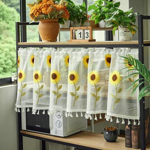 Daesar Vorhang Kurz Halbtransparent, Küchengardine Stangendurchzug 180x60CM Stickerei mit Sonnenblumen Muster Scheibengardinen Kurzstores Bistrogardine Landhausstil, Weiß 1 Stück