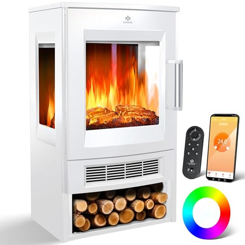 KESSER® Elektrokamin mit Heizung Panorama-Sichtfenster Heizlüfter 9 LED-Flammeneffekt Farbmodi Fernbedienung WiFi App 900/1800W Kaminfeuer elektrisch mit Thermostat Heizfunktion Timer