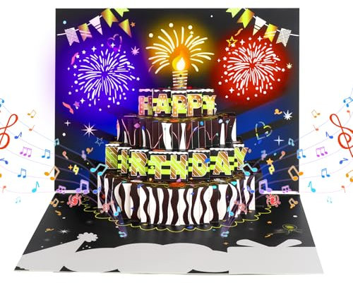Cardaros Geburtstagskarten, Musik & Lichter & Blasbare Kerze, Feuerwerk, Pop-up-Geburtstagskarte, Geburtstagsgeschenke für Frauen, Männer, Vater, Ehemann, Sohn, Neffe, Freunde, Kinder, Schwarz