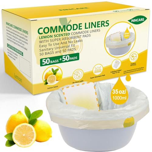ININCARE Commode Liners with Absorbent Pads for Bedside Commode, 50 Lemon Scented Bedside Commode Liners and 50 Commode Pads, Commode Toilet & Camping Toilet Bags