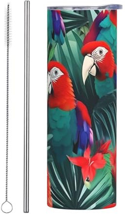 Lot de 2 tasses en acier inoxydable avec paille - Bouteille d'eau isotherme de 590 ml - Motif perroquet tropical - Parfait pour le bureau, la voiture, le sport, la maison