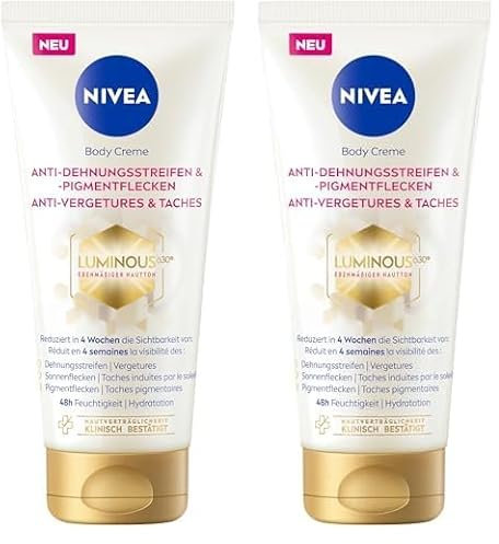 NIVEA LUMINOUS630® Body Creme Anti-Dehnungsstreifen & -Pigmentflecken, Bodylotion gleicht Unterschiede im Hautton aus, leichte Textur und spendet 48h Feuchtigkeit (200 ml) (Packung mit 2)
