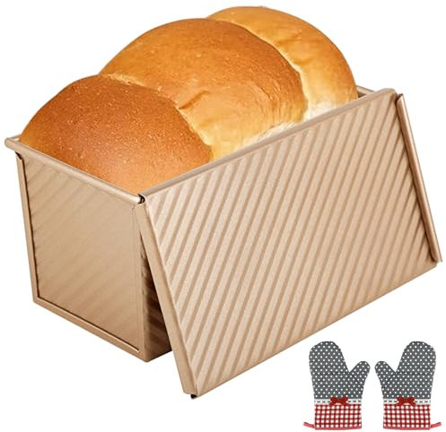 Windfromort Toastform - Antihaft Aluminium Legierung Brotbackform - Pullman-Laib Pfanne mit 2 Isolierhandschuhen - Brotbackform mit Deckel - Kastenform Brot für Toastbrot, Brot und Gebäck (Gold)
