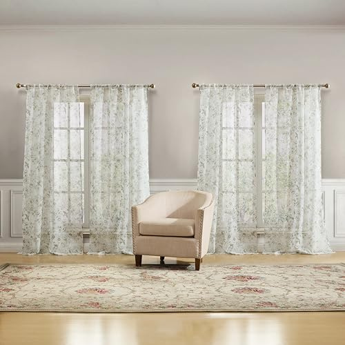 Laura Ashley Barnette Fenstervorhänge mit Stangentasche, 243,8 cm Länge, 4 Paneele, halbtransparente Lichtfilterung, Grün