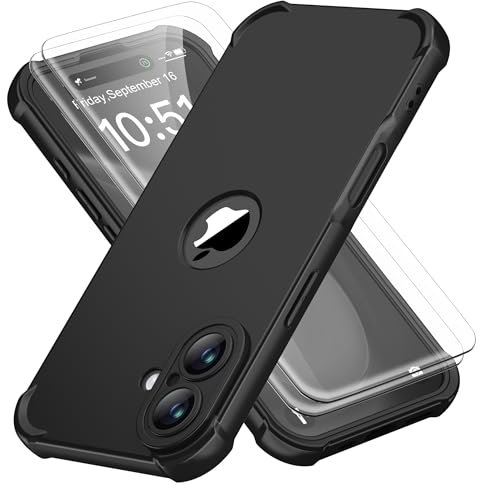 ORETECH for iPhone 16 Case 6.1 inch, with [2 Pack 9H Screen Protector] [Camera Lens Guard] [15FT Military Grade Drop Test] 360° Shockproof Slim Fit Design Rubber Bumper Phone Cover - Black