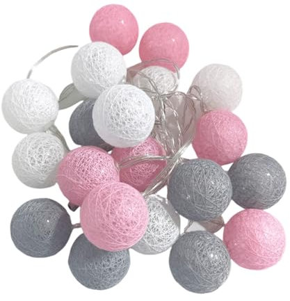Mateju Lichterkette Innen Batterie, Kugel Lichterkette mit Fernbedienung 8 Modi Cotton Ball Lights Batteriebetrieben Baumwollkugeln Lichterkette für Zimmer, Innen Deko (MT-Rosa-Grau,5M/50LED)