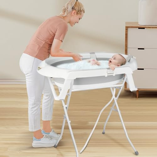 Baignoire Bebe avec Support 84cm, Baignoire Pliable sur Pied, Sécurisée et Confortable Bassine Pliable Bebe avec Coussin de bain, pour Nouveau-nés et Tout-petits (Gris avec Support, 66x61x82cm)