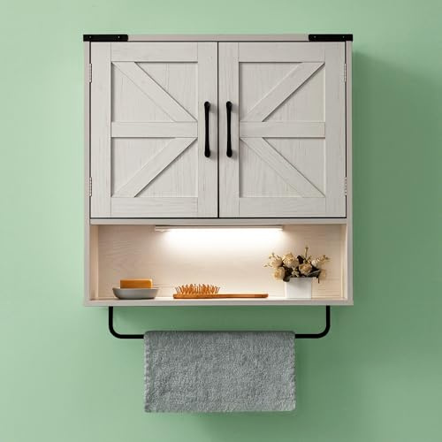 OONNEE Badezimmer-Wandschrank über WC, 61 x 61 cm, Bauernhaus-Medizinschrank mit Handtuchstange, 2 Türen, Bewegungsmelder-Licht und verstellbaren Regalen, Weiß über WC-Aufbewahrung für Wäsche oder