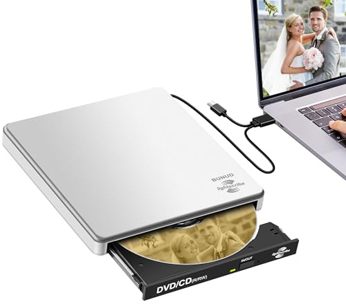 BUNUD LightScribe, lettore DVD esterno USB 3.0 Tipo-C, masterizzatore CD | Unità ottica portatile in alluminio con porte SD/TF/2 USB, Plug and Play Disc Reader Writer per desktop Mac Windows Linux