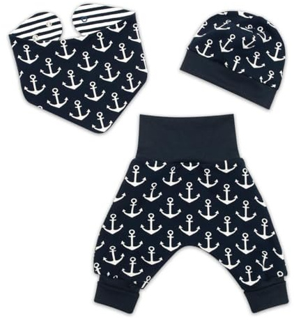 3-tlg Pumphose-Mütze-Tuch Set maritim Glücksanker - handmade - Geschenk Geburt Babyparty - Baby Jungen Frühchen - ab Gr. 38-40 und 44