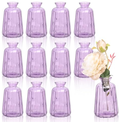12 Stück Kleine Vasen für Tischdeko, 11× 6,5cm Blumenvasen Klein Glasvasen für Hochzeit Tischdeko, Lila