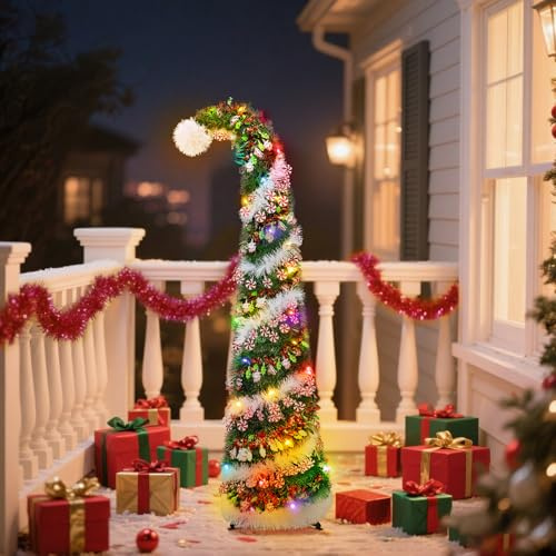 Sapin de Noël artificiel escamotable pliable de 5 pieds/1,5 m avec guirlande spirale blanche, arbre de Noël artificiel en guirlandes pour décoration de vacances intérieure et extérieure, assemblage
