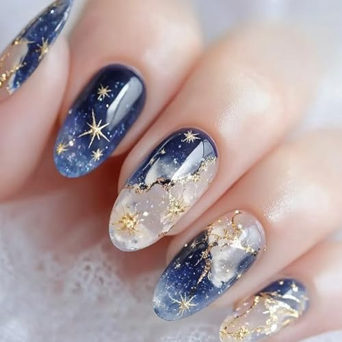 24PCS Almond Press on Nails, Deep Blue French False Nail with Starry Sky Design, Glossy Full Cover Stick On Nails for Women, Reusable Nail Art (Deep Blue Starry Sky)