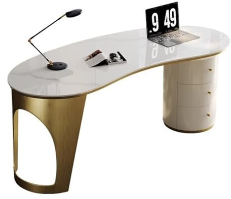 FZL02068LM PC Table Modern Study PC Desk with Storage, High Gloss Rock Slab Writing Workstation with Stable Frame and 3 Drawers Office Desk(M)