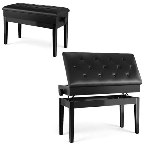 Clevich Doppelte Klavierhocker Höhenverstellbar 48-58CM, Pianobank mit Stauraum, Klavierbank mit PU Lederkissen, Klavierstuhl Heavy Duty, Tastatur Piano Bench bis 200KG Belastbar, Schwarz