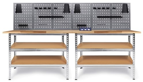 Ondis24 Werkstatt Set Uwe 240 cm mit 2 Werkbänken, 2 Lochwand-Sets, 22-TLG. Haken-Set und Steckdosenkomponente – 28 mm Buchenplatte – Arbeitshöhe 92 cm