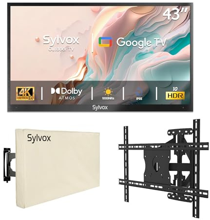SYLVOX 43 TV Extérieur & Support Mural pour Téléviseur 40-75 Pouces, 4K UHD 2000Nits for Outside, Smart Google Outdoor TV Étanche IP55, Dolby Atmos, Wi-FI et Assistant(Pool Pro 2.0)