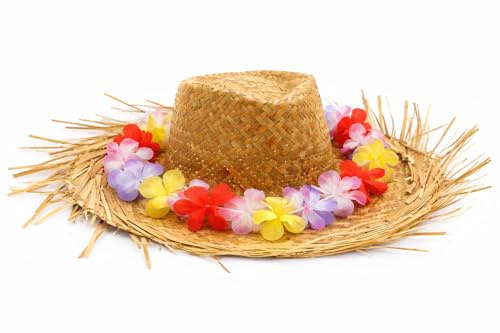 STUWU Party-Set für Erwachsene – Strohhut mit Fransen + Hawaii-Blumenkette – Geflochtener Sommer- & Strandhut – Ideal für JGA, Fasching, Strand & Halloween – Einheitsgröße ca. 39 x 39 x 12 cm