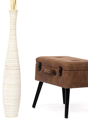 Leewadee Große Deko Bodenvase Für Dekozweige, Hohe Standvase Für Pampasgras, Design Holzvase, 90 cm, White Wash