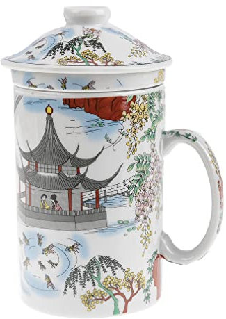 lachineuse - Tisanière Chinoise Contemplation du Lac - Tasse à Infusion en Porcelaine - Avec Infuseur & Couvercle - Peinture Chinoise - Vaisselle Traditionnelle de Chine - Idée Cadeau Thé Asie
